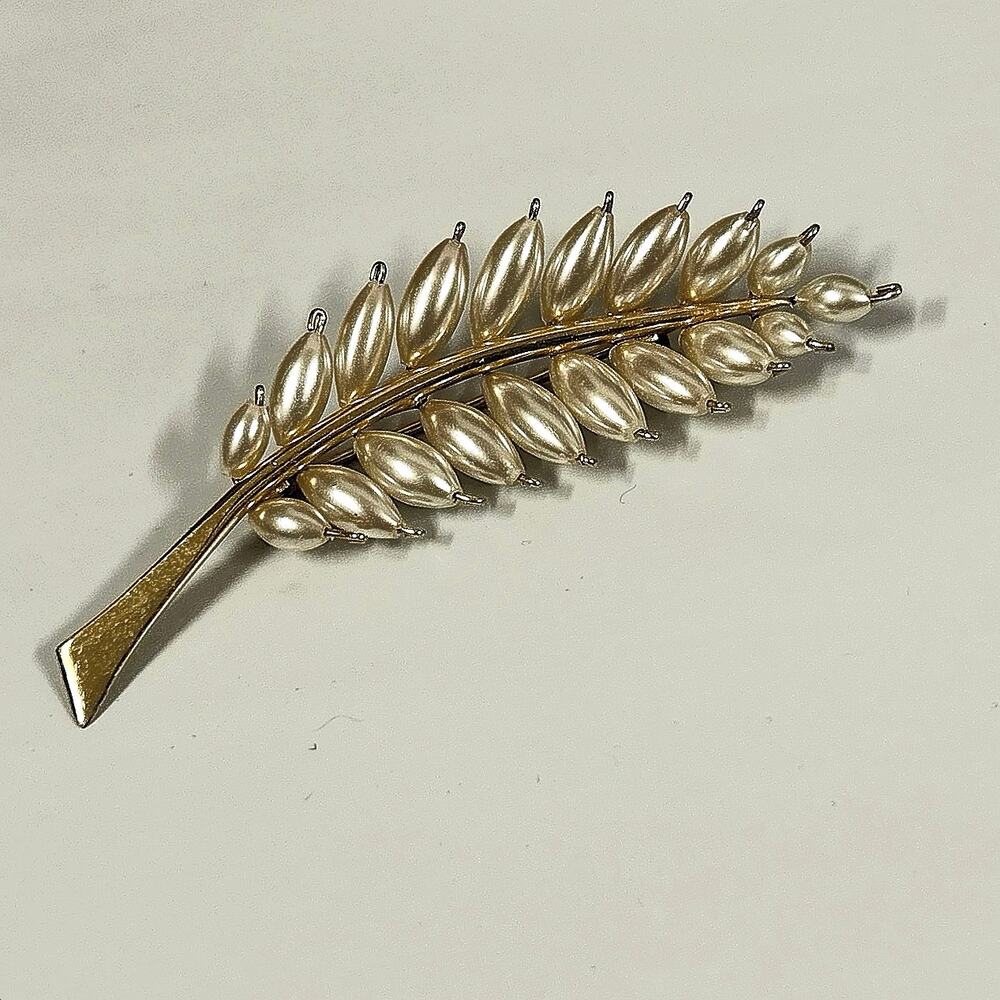 Vintage Faux Pearl Brooch Gold Tone Fern Leaf Brooch Pin 0.5” x 2.25